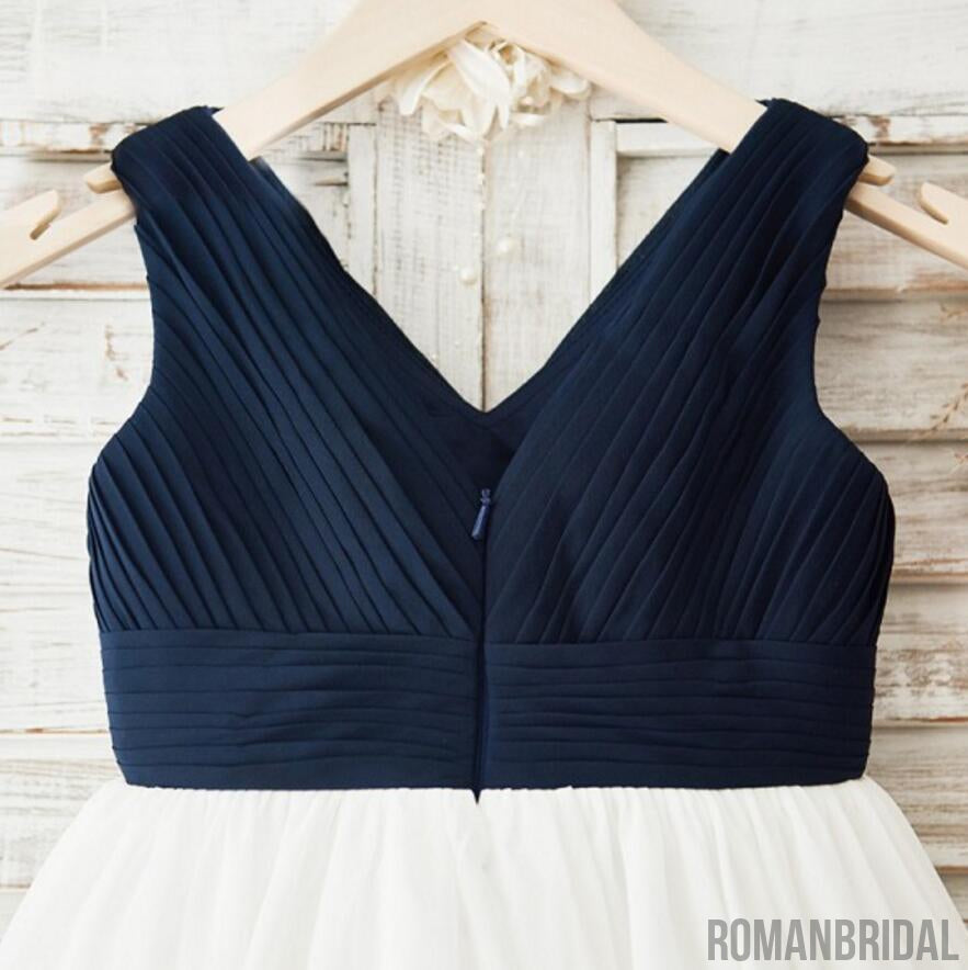 Navy Chiffon V-neck White Skirt Flower Girl Dresses, Simple Little Girl Dresses, FG081