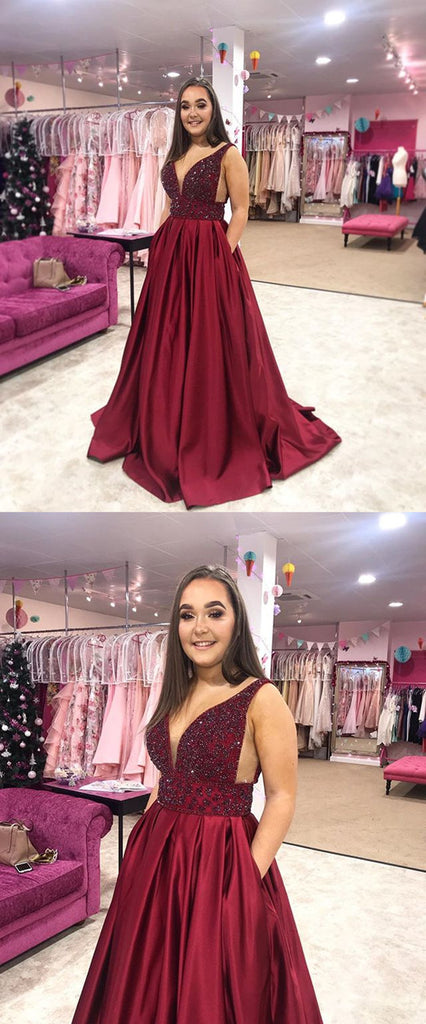 A-line V-neck Sleeveless Beading Burgundy Long Prom Dress, PD0642