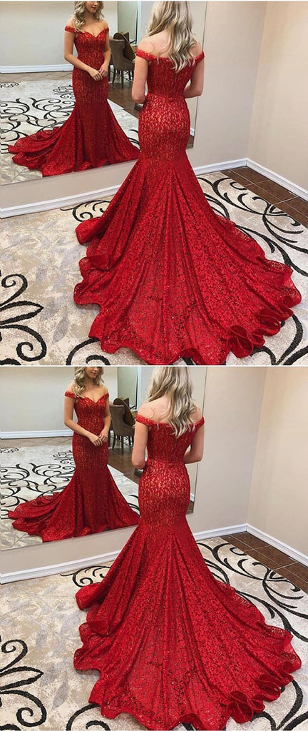 Amazing Off-shoulder Mermaid Red Lace Prom Dress With Train, PD0644