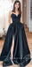 A-Line V-Neck Spaghetti Straps Black Long Prom Dresses With Slit,RBPD0047