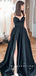 A-Line V-Neck Spaghetti Straps Black Long Prom Dresses With Slit,RBPD0047