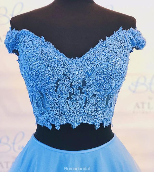 Two pieces Off-shoulder Blue Floor-length Lace Prom Dress, PD0632