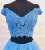 Two pieces Off-shoulder Blue Floor-length Lace Prom Dress, PD0632