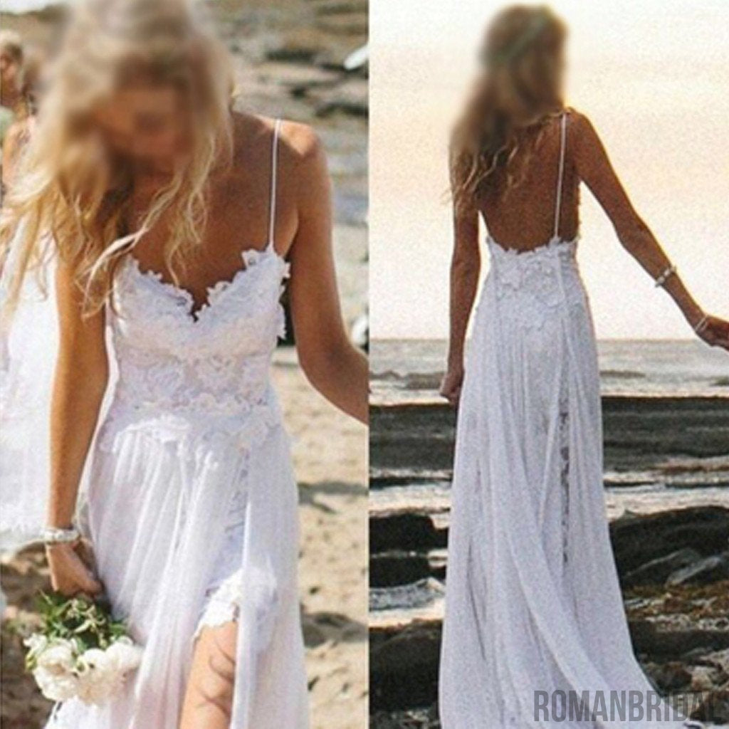 Simple Spaghetti White Lace Side Slit Wedding Dresses For Beach Wedding, WD0047
