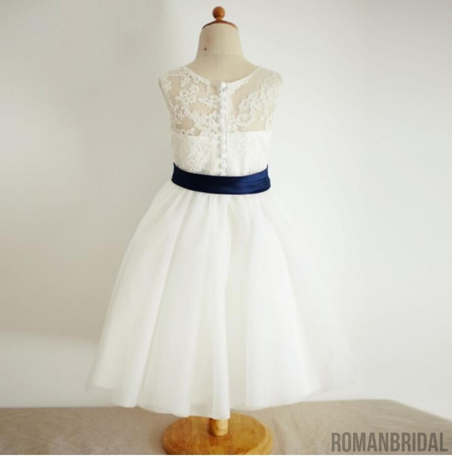 Illusion Lace Tulle Flower Girl Dresses with Navy Belt, Affordable Flower Girl Dresses, FG083