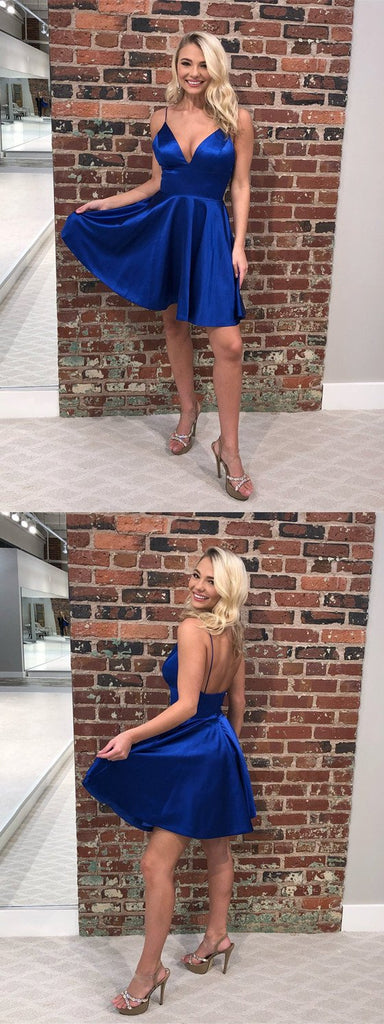 A-line Spaghetti Straps Sexy V-neck Backless Sleeveless Short Homecoming dresses, HD0375