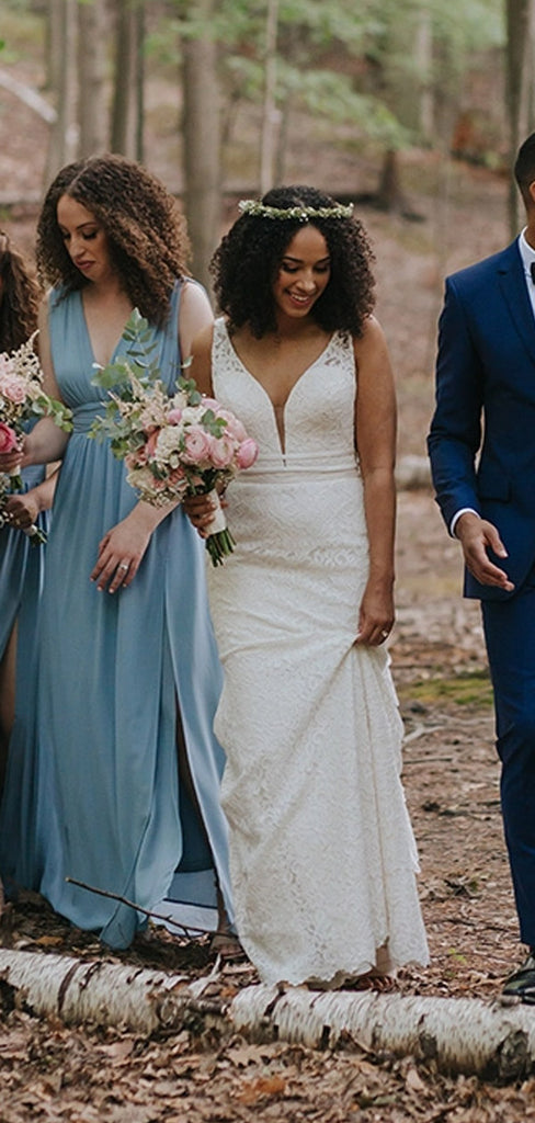 New Arrival Mermaid V-neck Appliques Sleeveless Lace Wedding Dresses, PD0418