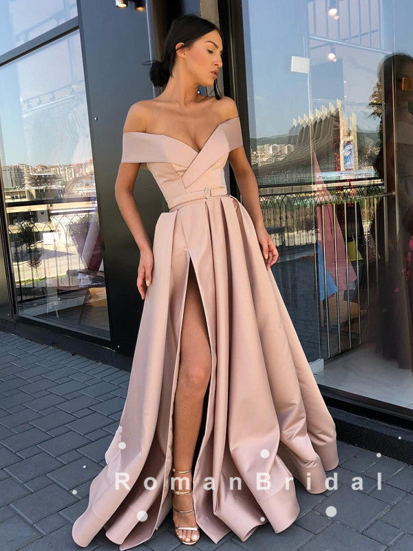 Simple A-Line Off The Shoulder Split Side Cheap Long Prom Dresses,RBPD0004