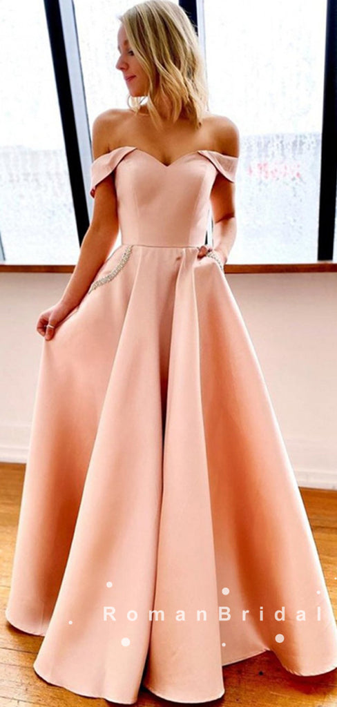 A-Line Off The Shoulder Simple Long Prom Dresses With Rhinestone,RBPD0051