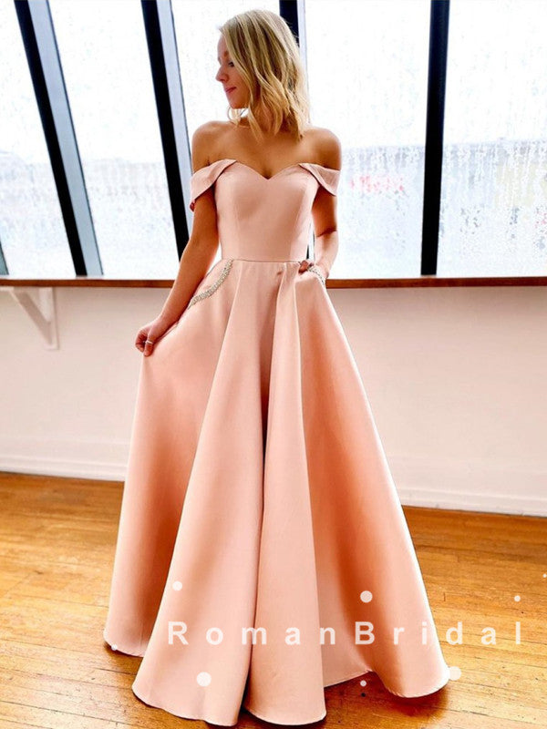 A-Line Off The Shoulder Simple Long Prom Dresses With Rhinestone,RBPD0051