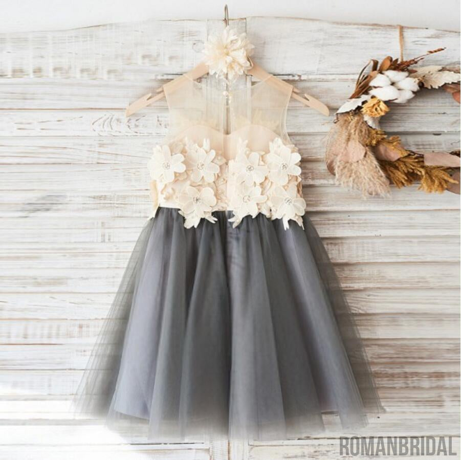 Top Lace Appliques Grey Tulle Sleeveless Cute Custom Flower Girl Dresses, FG088