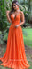 A-Line V-Neck Spaghetti Straps Chiffon Long Prom Dresses With Pleats,RBPD0054