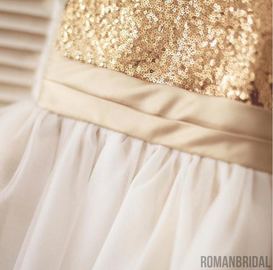 Gold Sequin Simple Cutest  Cheap Soft Pretty Flower Girl Dresses With Bow, FG0089