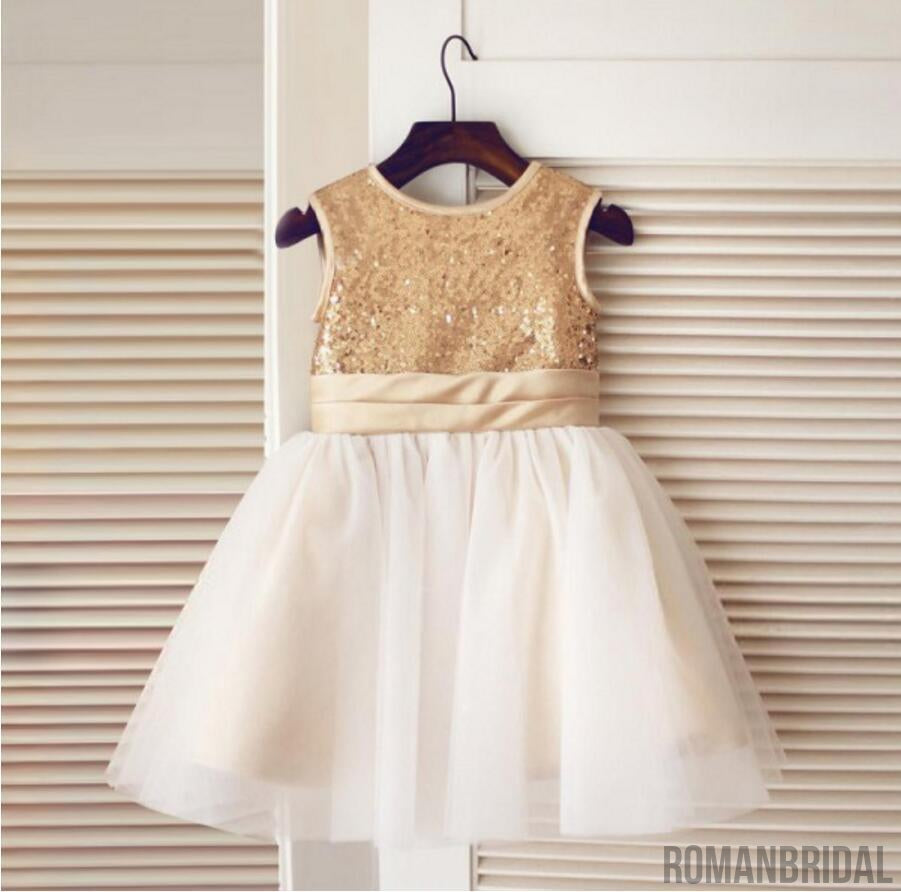 Gold Sequin Simple Cutest  Cheap Soft Pretty Flower Girl Dresses With Bow, FG0089