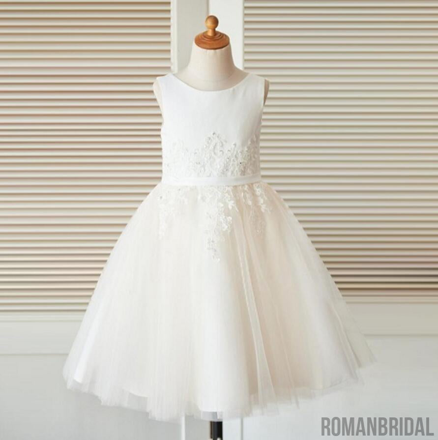 Scoop White Sleeveless Unique New Flower Girl Dresses, FG090