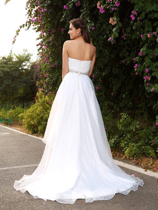 Sweetheart Beading Sleeveless Short front Long Behind Organza Cheap Wedding Dress, WD0374