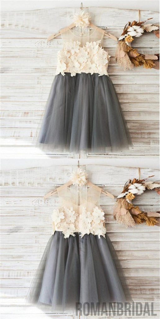 Top Lace Appliques Grey Tulle Sleeveless Cute Custom Flower Girl Dresses, FG088