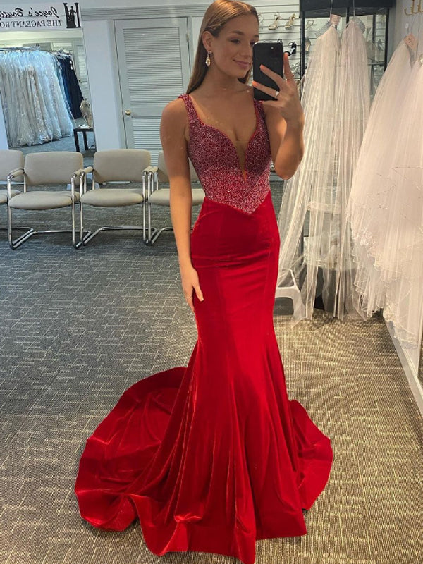 Sexy V-neck Mermaid Cheap Long Prom Dresses,RBPD0125