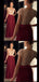 A-line Floor-length Deep V-neck Lace Top Burgundy Prom Dress, PD0635