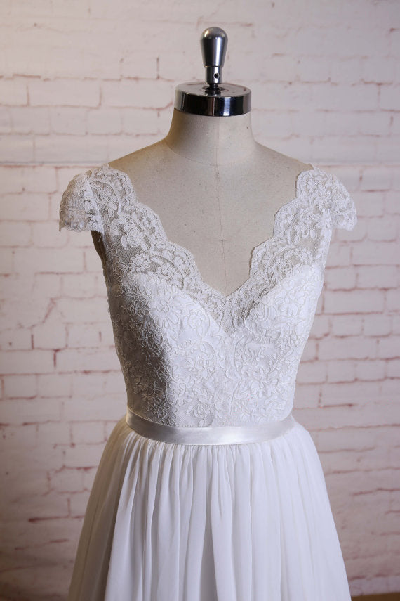 Elegant A-line Floor-length V-neck Cap sleeve lace top simple Wedding Dresses, WD0363