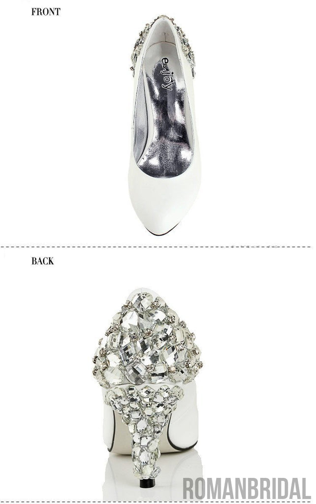Women's Sparkly Crystal High Heels Pointed Toe White Wedding Bridal Shoes, S006