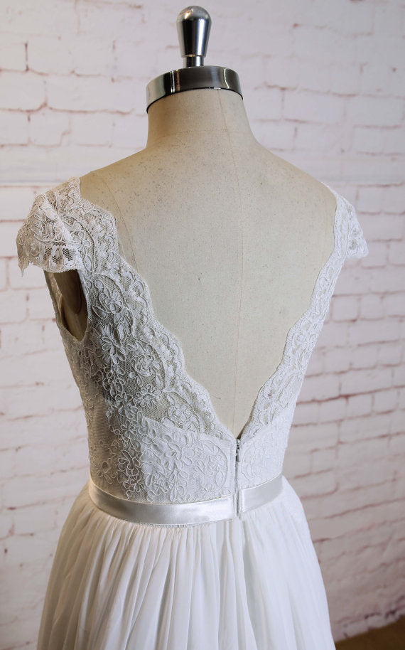 Elegant A-line Floor-length V-neck Cap sleeve lace top simple Wedding Dresses, WD0363