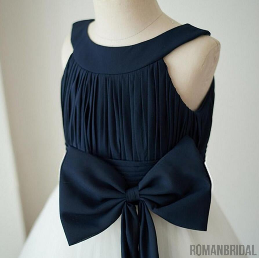 Navy blue jewel white dress with big bow dress , Disney Style Flower Girl Dress, FG0097