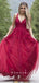A-Line V-Neck Spaghetti Straps Red Tulle Long Prom Dresses With Lace,RBPD0064