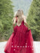 A-Line V-Neck Spaghetti Straps Red Tulle Long Prom Dresses With Lace,RBPD0064