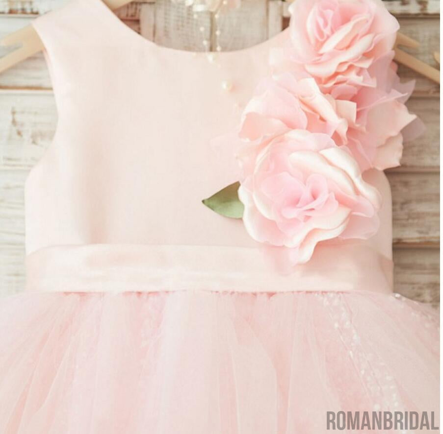Pink Round neck applique zipper Dreamy Dress, sweet Flower Girl Dress, FG0099