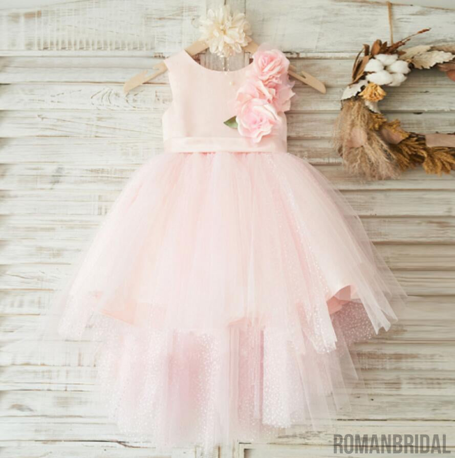 Pink Round neck applique zipper Dreamy Dress, sweet Flower Girl Dress, FG0099