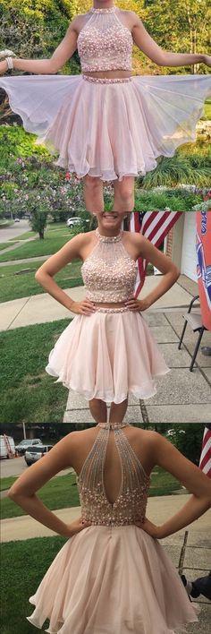 New Arrival Two-Pieces sleeveless Halter Blush Pink Short Prom Dresses, Homecoming Dresses, HD0330