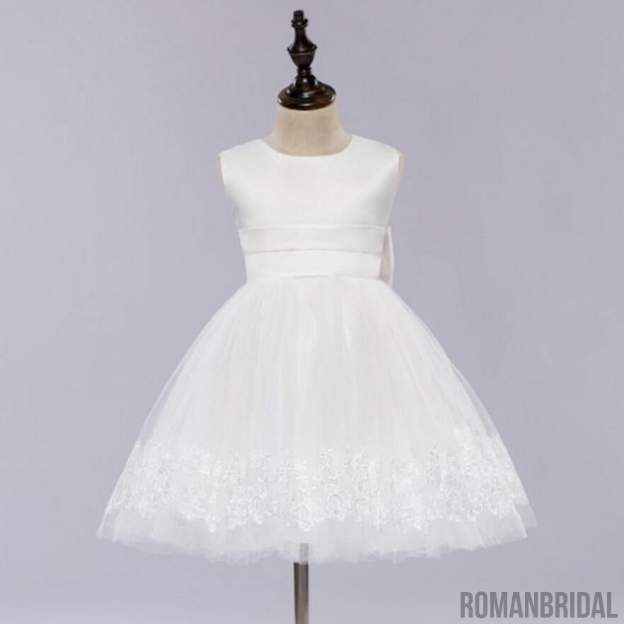 Pure white tutu, round neck,Back with a bow, Back torso button Flower Girl Dress, FG0102