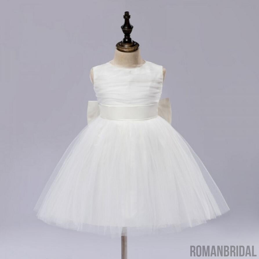 Pure white small dress, round neck sleeveless Big bow on the back, Pleats on the cute Flower Girl Dress, FG0103