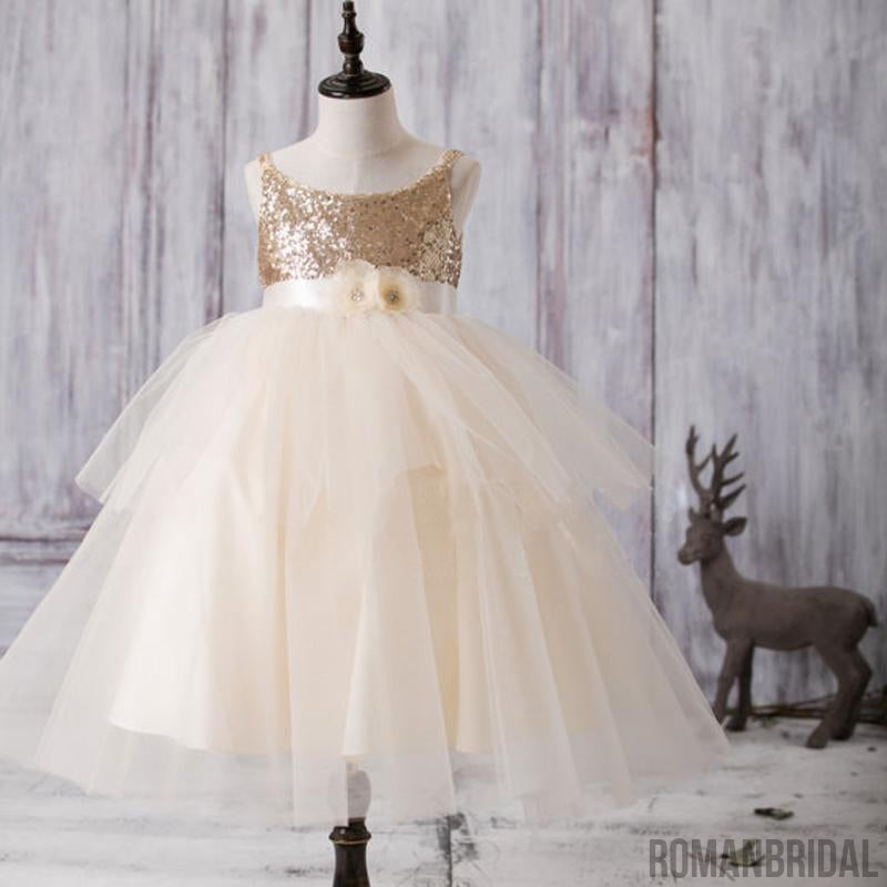 Gold Sequin Top Tulle Flower Girl Dresses, Lovely Tutu Dresses for Little Girl, FG052