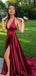 Newest Deep V-neck Burgundy Backless Prom Dress With Split, PD0717
