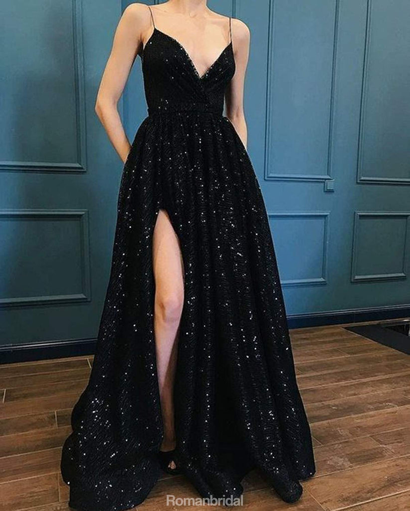 Shining Spaghetti Straps V-Neck Long High Split Black Prom Dress, PD0630