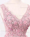 Pink V-neck lace tulle long prom dress, pink evening dress, Popular Cheap Long  prom dresses, PD0495