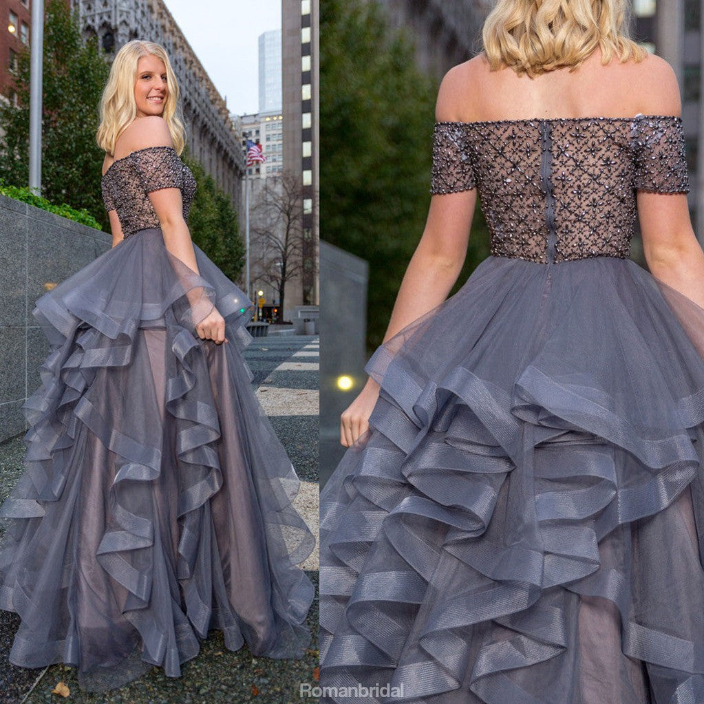 New Arrival off-shoulder grey organza beading Floor-length Party dress, long prom dresses, PD0522
