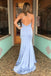 Spaghetti Straps V-neck Backless Long Blue Simple Prom Dresses, PD0576