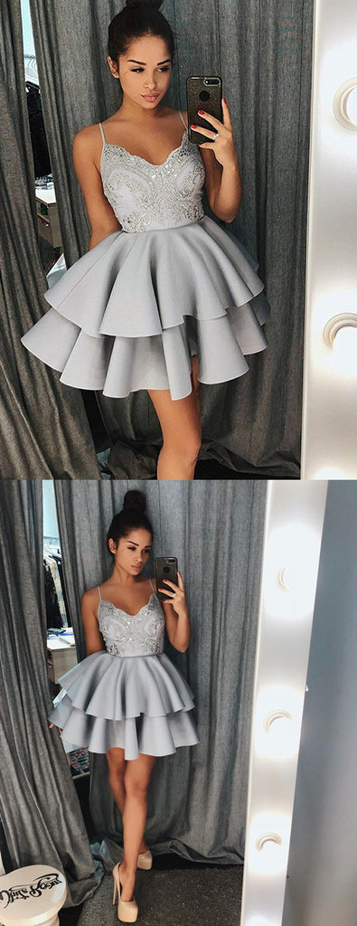 Spaghetti Straps Lace Appliques Grey Short Juniors Pleat Homecoming Dresses, HD0377