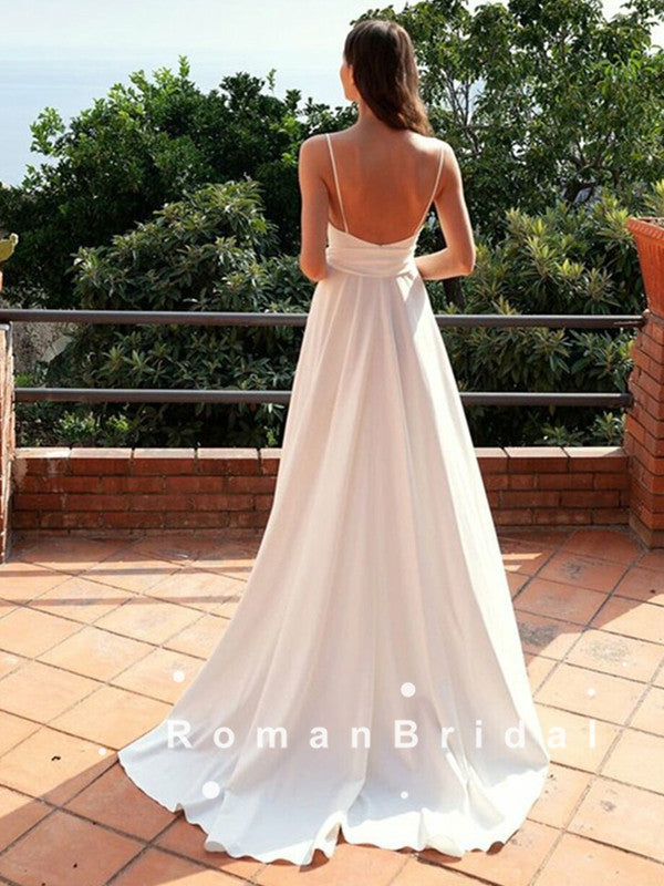 Simple A-Line V-Neck Spaghetti Straps Chiffon Long Prom Dresses,RBPD0082