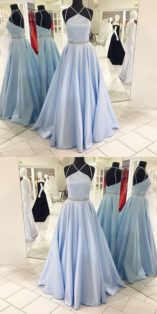 New Arrival A-line Spaghetti Straps Backless Light Blue Prom Dresses, PD0567