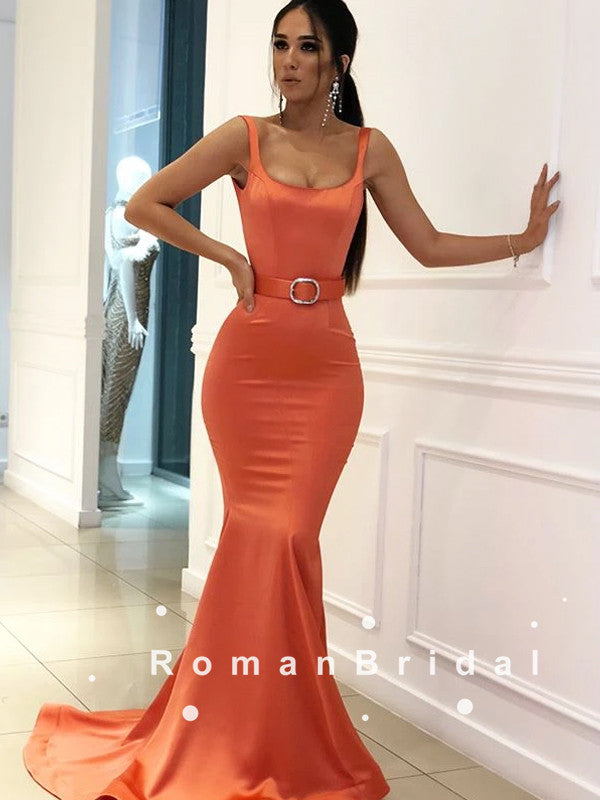 Mermaid Straps Square Neckline Cheap Long Prom Dresses With Sash,RBPD0087