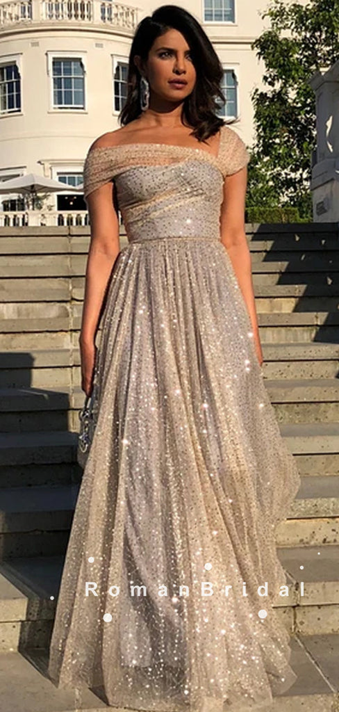 Shinny A-Line One Shoulder Tulle Long Prom Dresses Online,RBPD0088