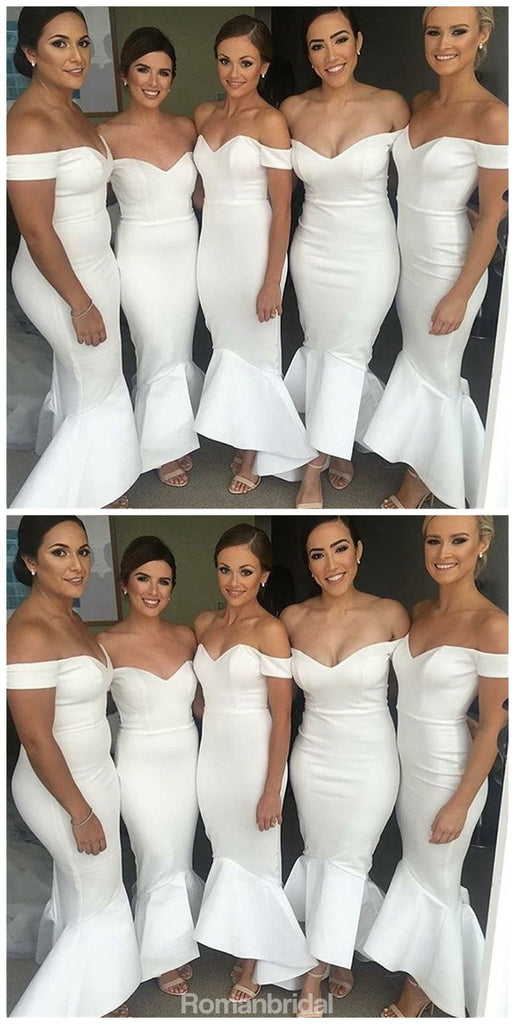 White Mermaid Off-Shoulder Backless Wedding Party Dresses,Long Bridesmaid Dress, BD0479