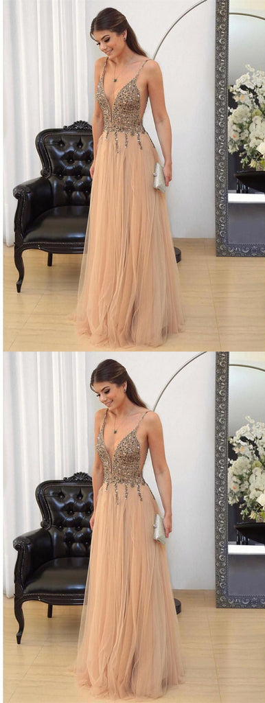 Spaghetti Straps V-neck Beading Tulle Prom Dresses, PD0665