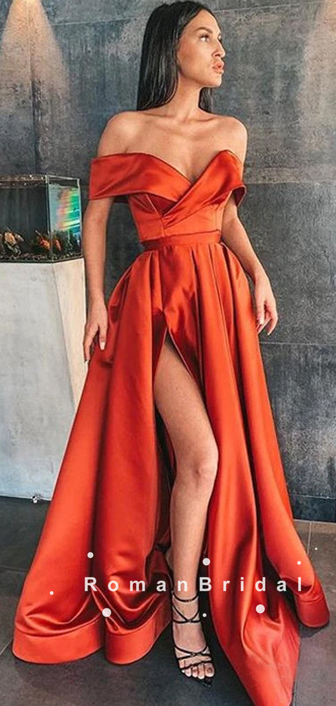 A-Line Off The Shoulder Split Side Long Cheap Prom Dresses,RBPD0091