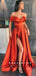 A-Line Off The Shoulder Split Side Long Cheap Prom Dresses,RBPD0091