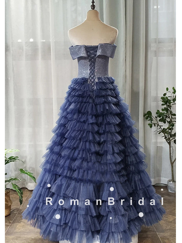 Shinny A-Line Off The Shoulder Tulle Floor Length Prom Dresses,RBPD0093